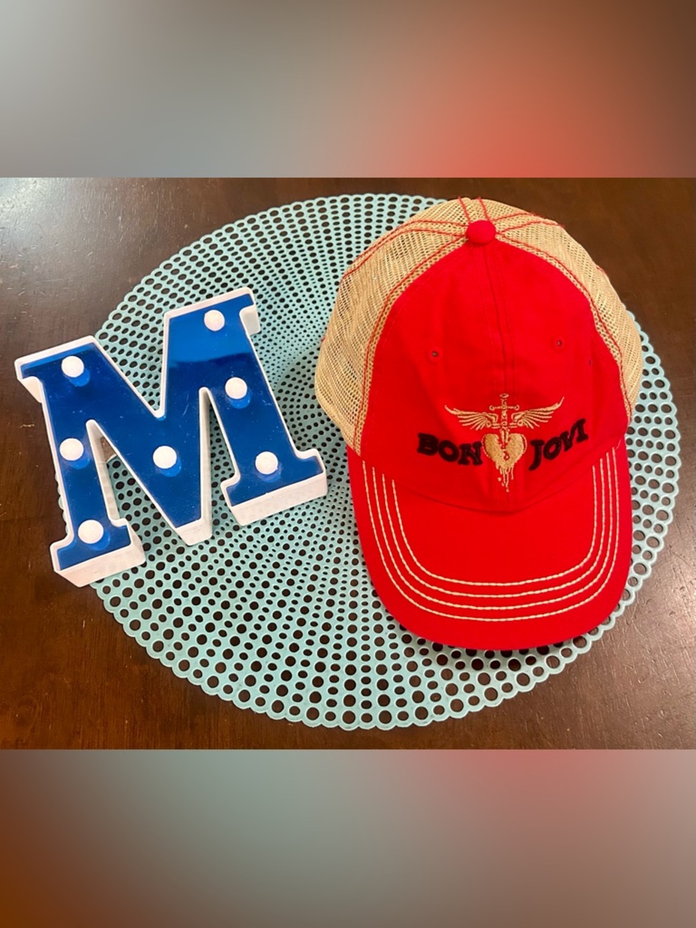 Bon Jovi Red and Tan Trucker Hat with embroidered Heart and Dagger Logo
